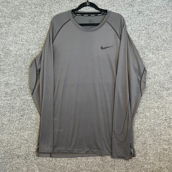 Nike Pro Shirt Mens XL Gray Swoosh Long Sleeve Tshirt Stretch Slim Fit Athletic - Picture 1 of 11